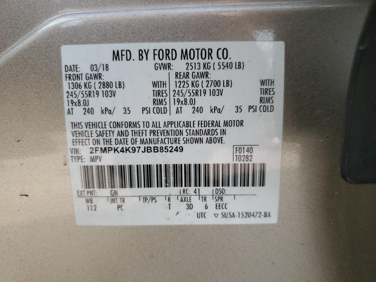 VIN 2FMPK4K97JBB85249 2018 FORD EDGE no.12