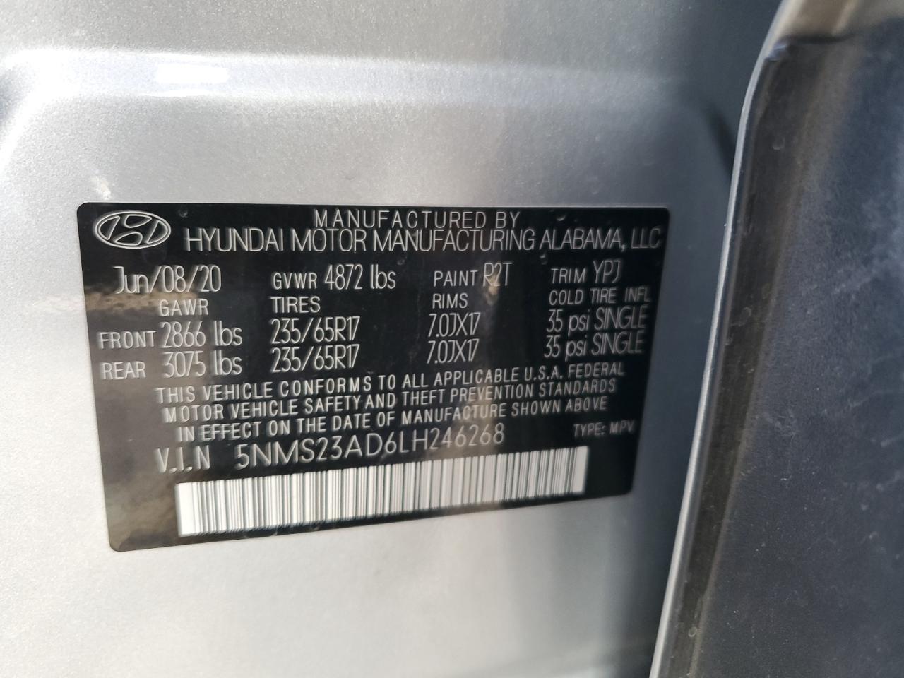 2020 Hyundai Santa Fe Se VIN: 5NMS23AD6LH246268 Lot: 45300514