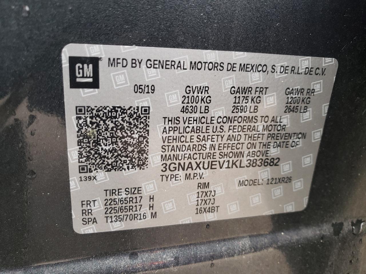 3GNAXUEV1KL383682 2019 Chevrolet Equinox Lt