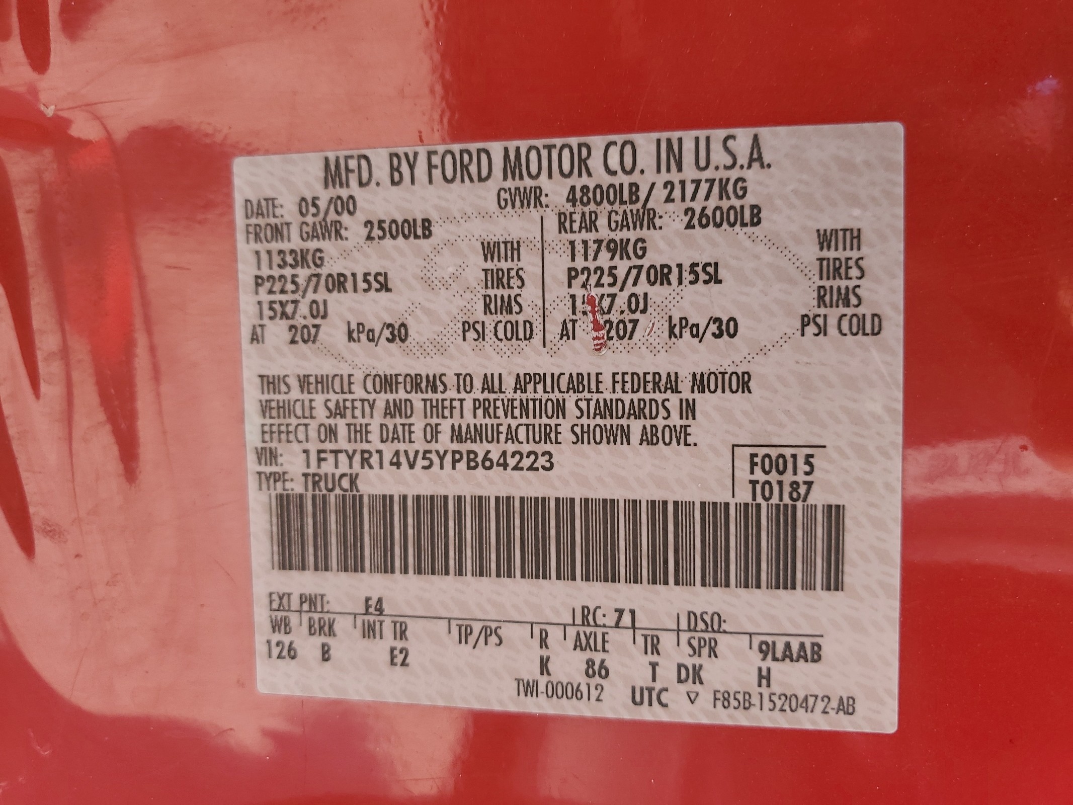 1FTYR14V5YPB64223 2000 Ford Ranger Super Cab