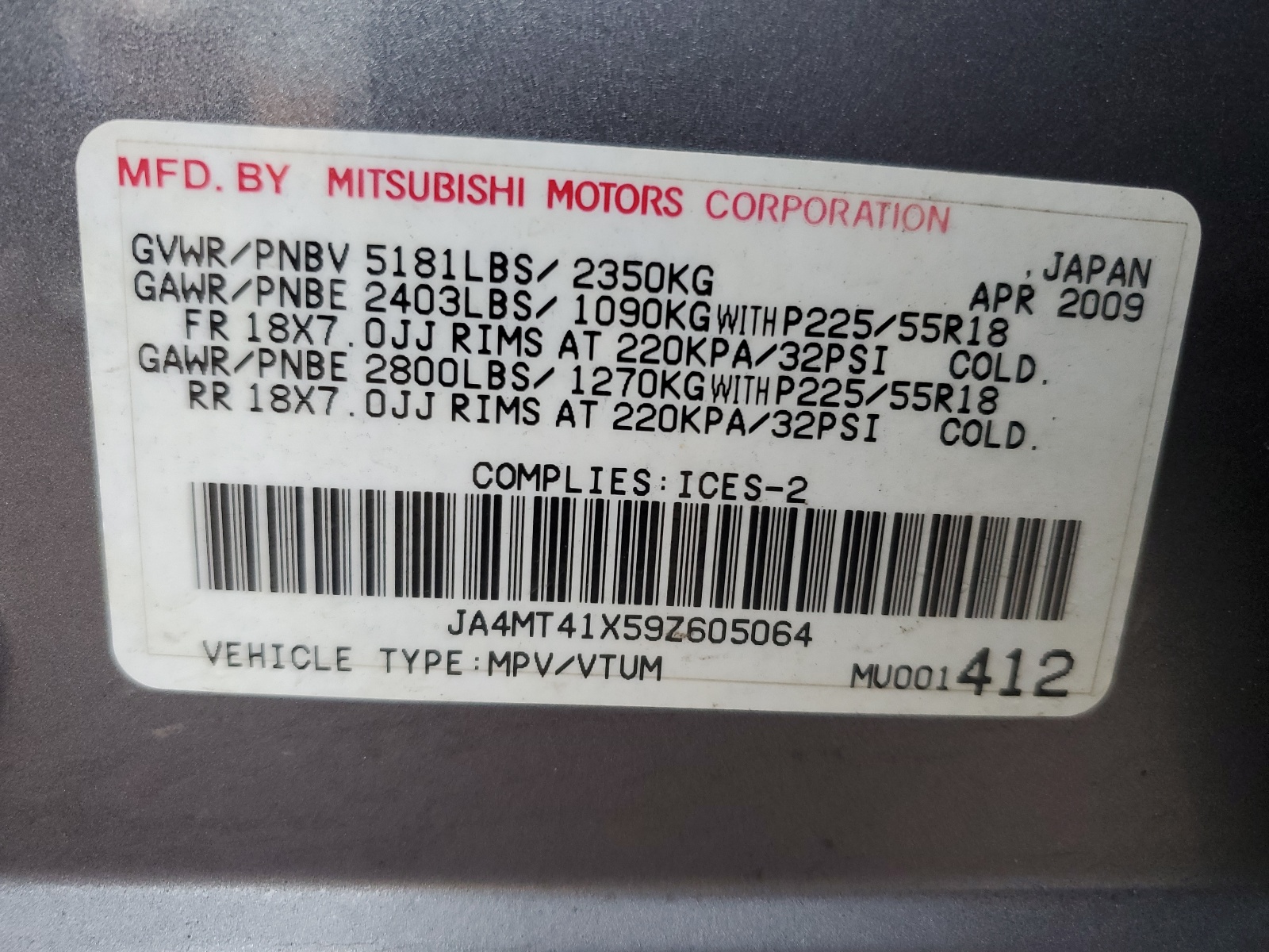 JA4MT41X59Z605064 2009 Mitsubishi Outlander Xls