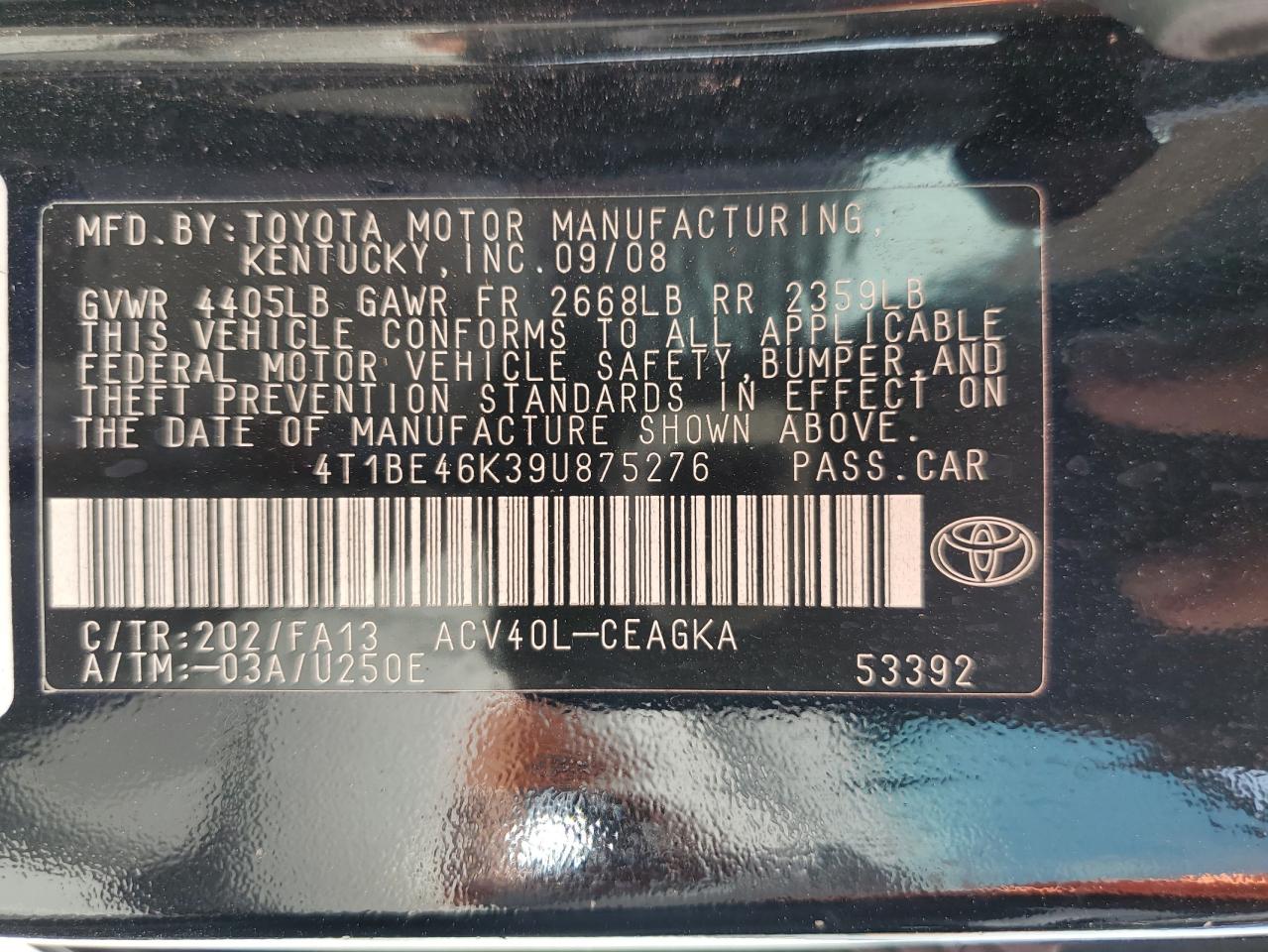 4T1BE46K39U875276 2009 Toyota Camry Base