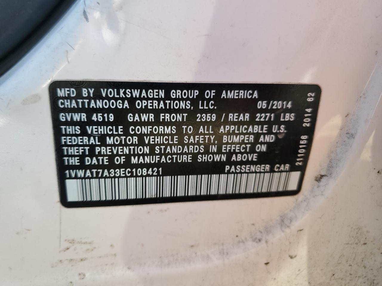 1VWAT7A33EC108421 2014 Volkswagen Passat S