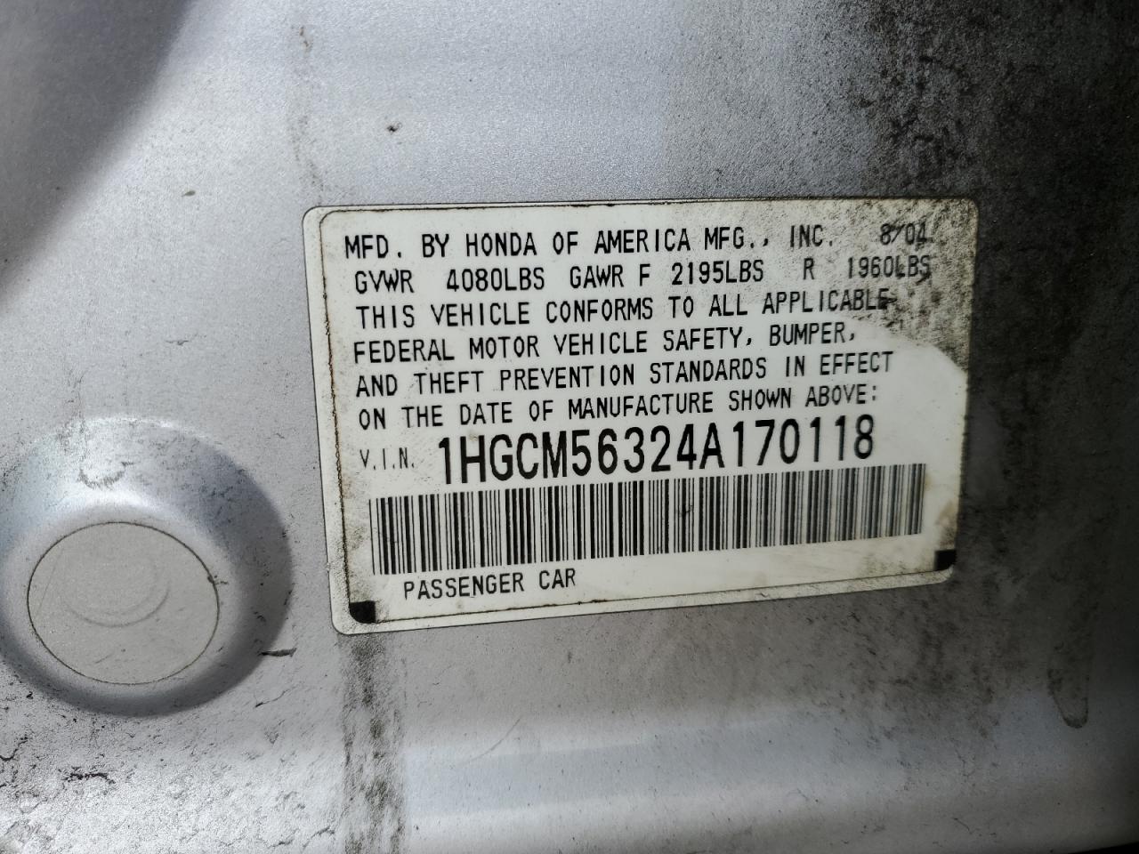 2004 Honda Accord Lx VIN: 1HGCM56324A170118 Lot: 44812584