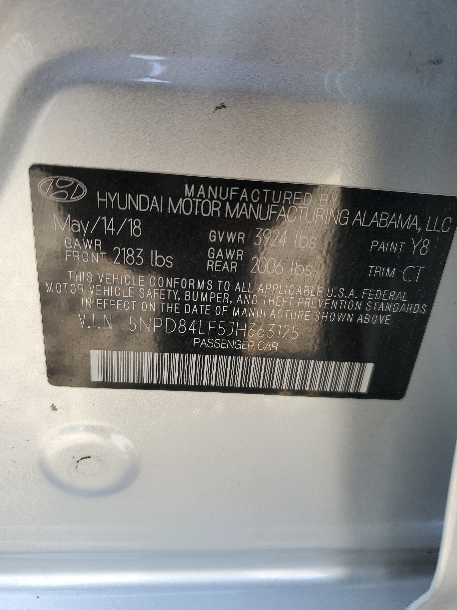 5NPD84LF5JH363125 2018 Hyundai Elantra Sel