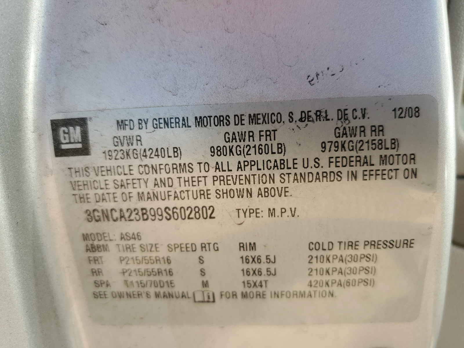 3GNCA23B99S602802 2009 Chevrolet Hhr Lt