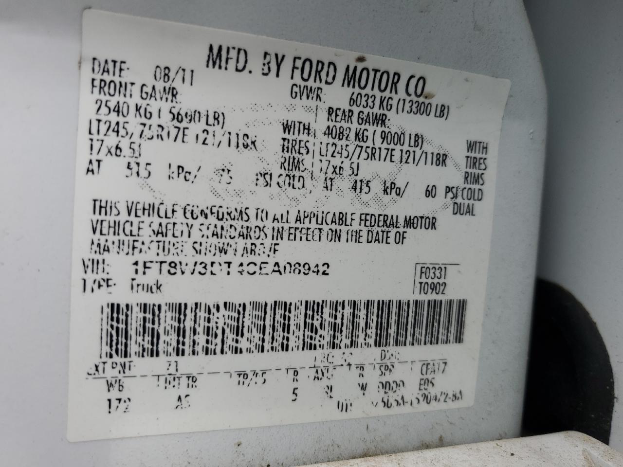 2012 Ford F350 Super Duty VIN: 1FT8W3DT4CEA08942 Lot: 65726014