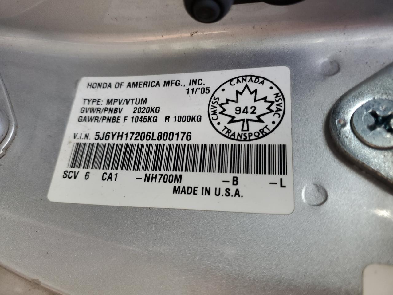 2006 Honda Element VIN: 5J6YH17206L800176 Lot: 46450174