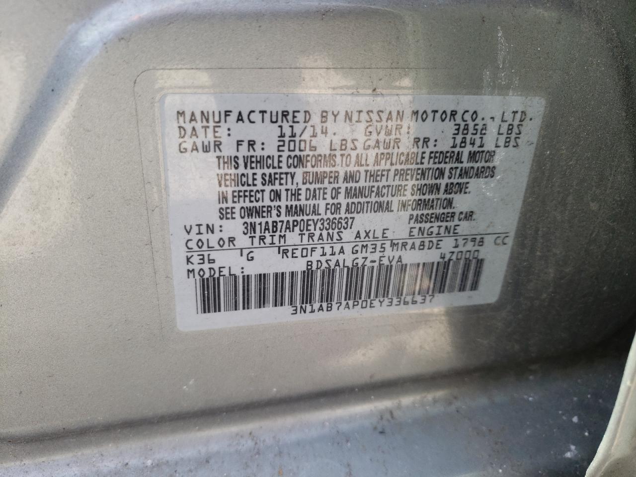 3N1AB7AP0EY336637 2014 Nissan Sentra S