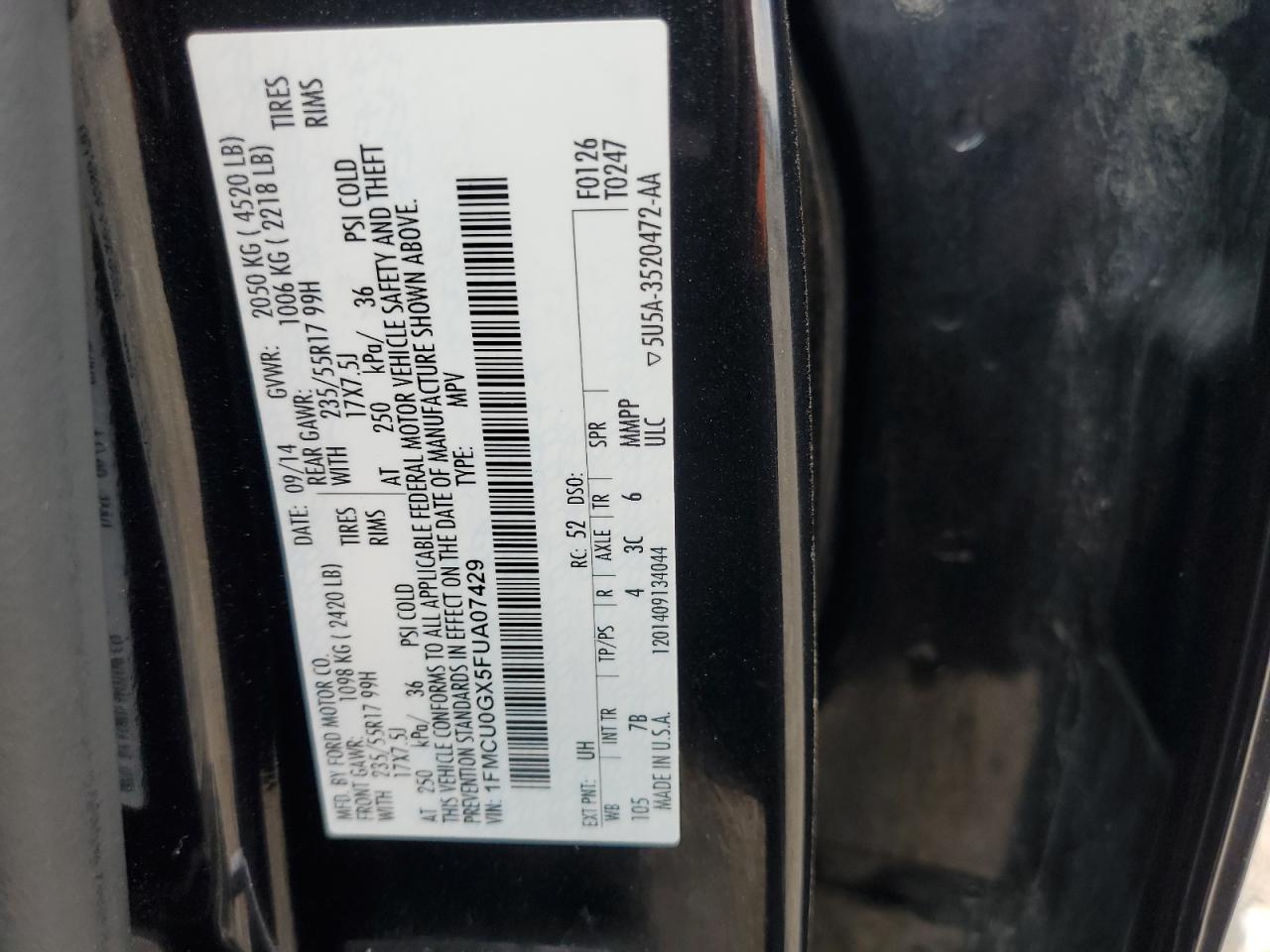 2015 Ford Escape Se VIN: 1FMCU0GX5FUA07429 Lot: 59076134