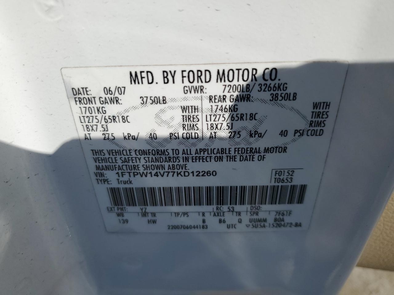 2007 Ford F150 Supercrew VIN: 1FTPW14V77KD12260 Lot: 48329934