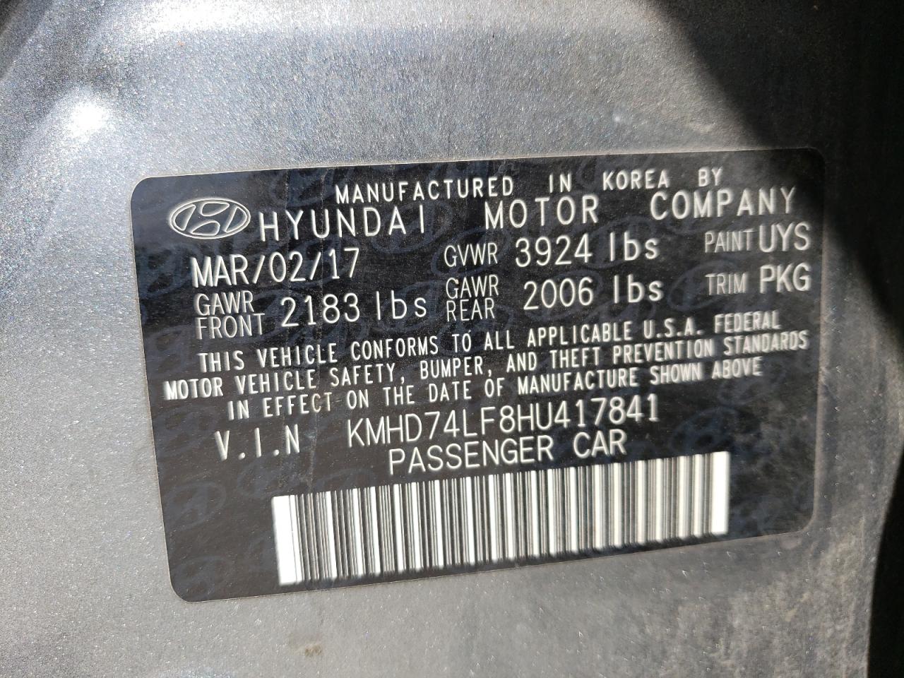 KMHD74LF8HU417841 2017 HYUNDAI ELANTRA - Image 12