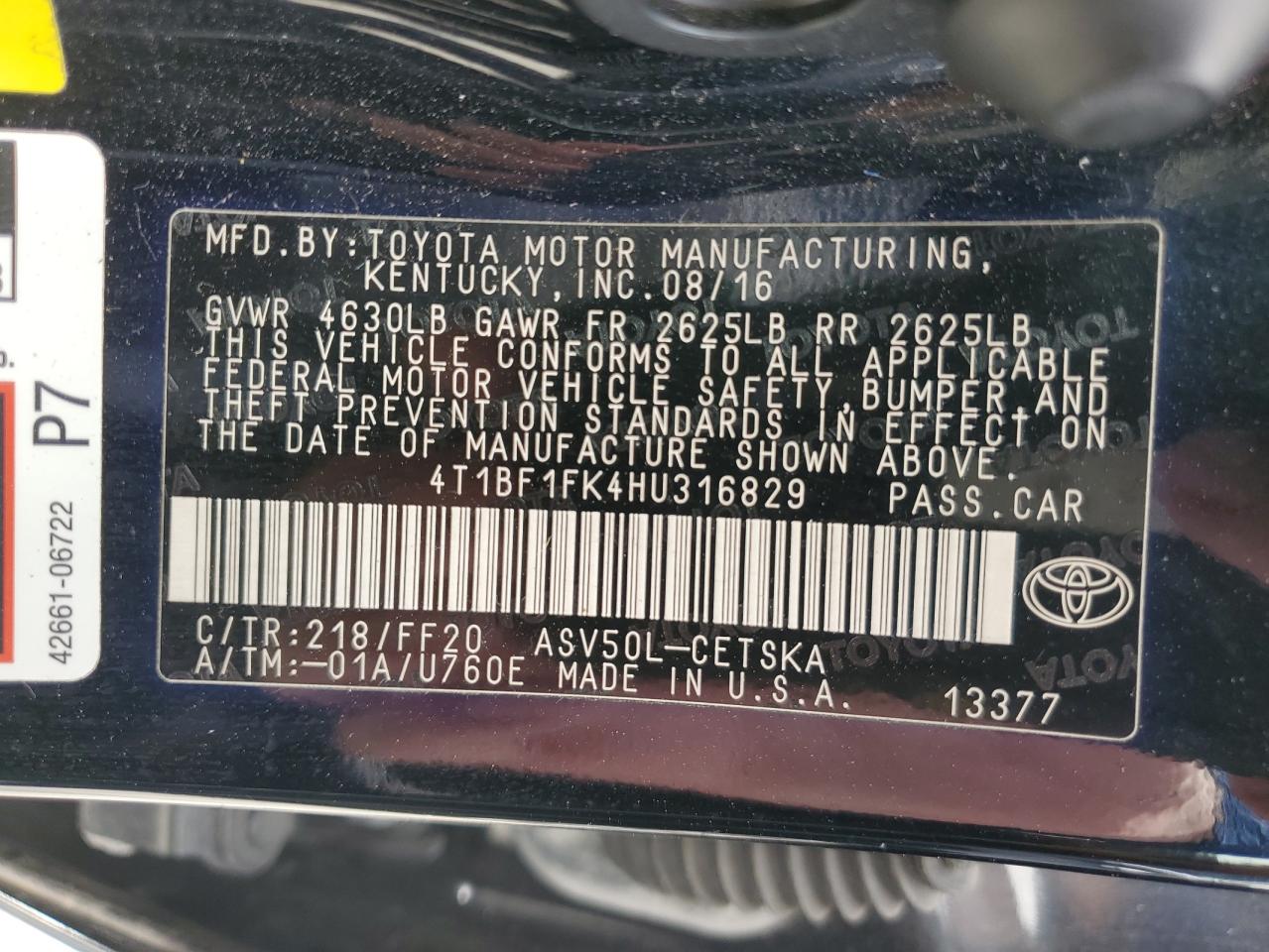 4T1BF1FK4HU316829 2017 TOYOTA CAMRY - Image 12