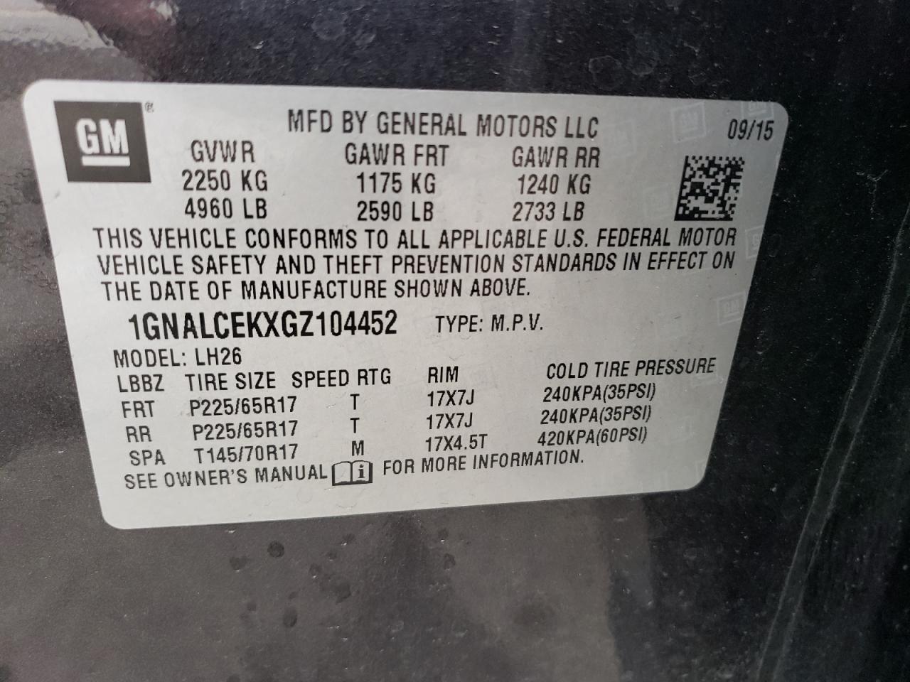 2016 Chevrolet Equinox Lt VIN: 1GNALCEKXGZ104452 Lot: 45624954