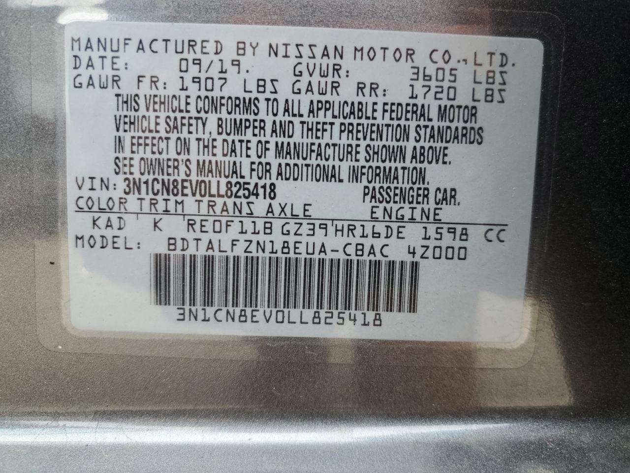 3N1CN8EV0LL825418 2020 Nissan Versa Sv