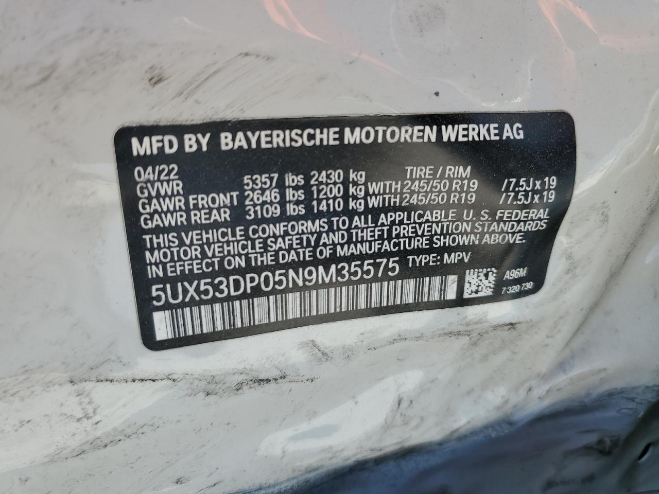 VIN 5UX53DP05N9M35575 2022 BMW X3 no.14