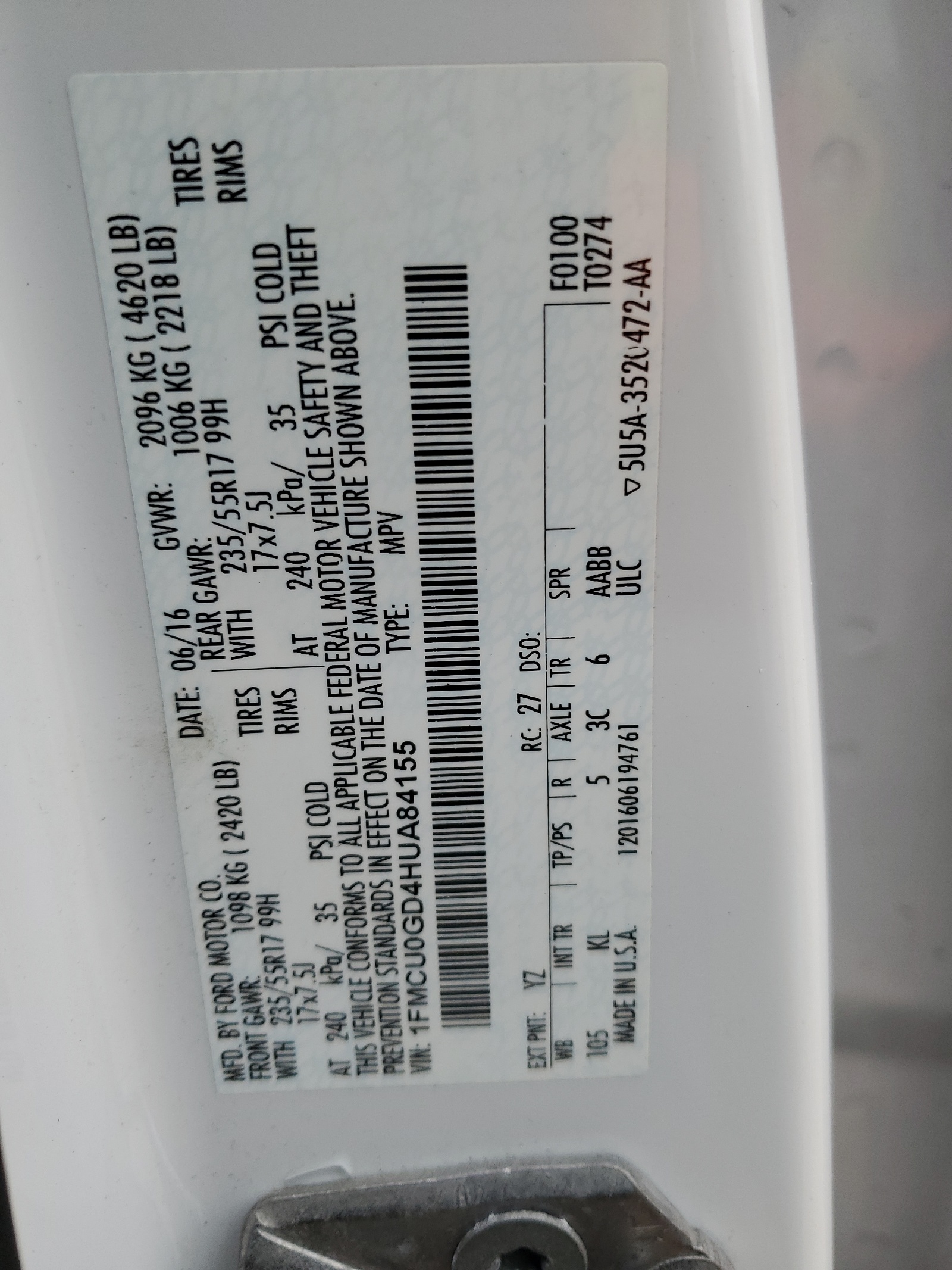 1FMCU0GD4HUA84155 2017 Ford Escape Se