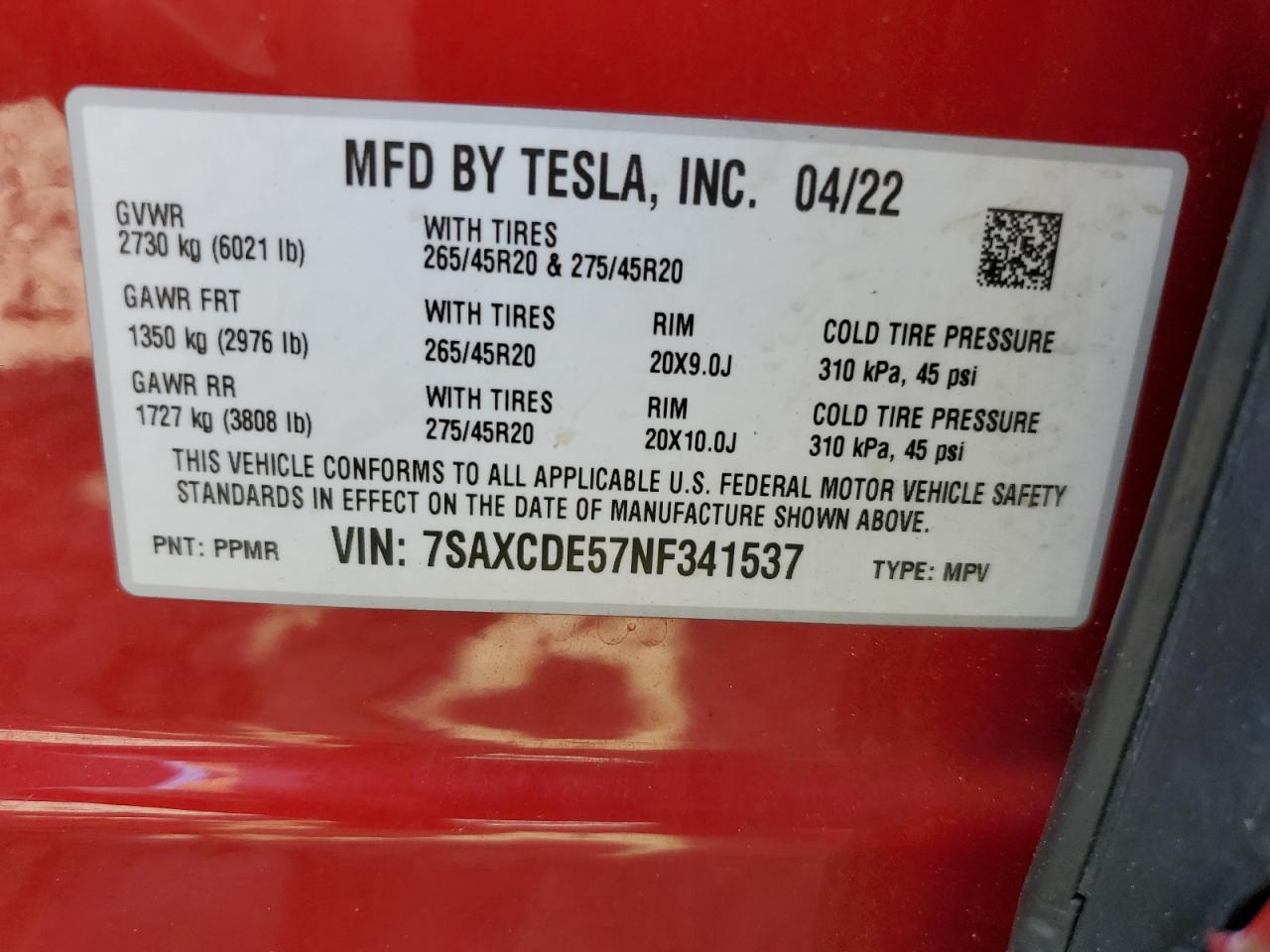 7SAXCDE57NF341537 2022 TESLA MODEL X - Image 12