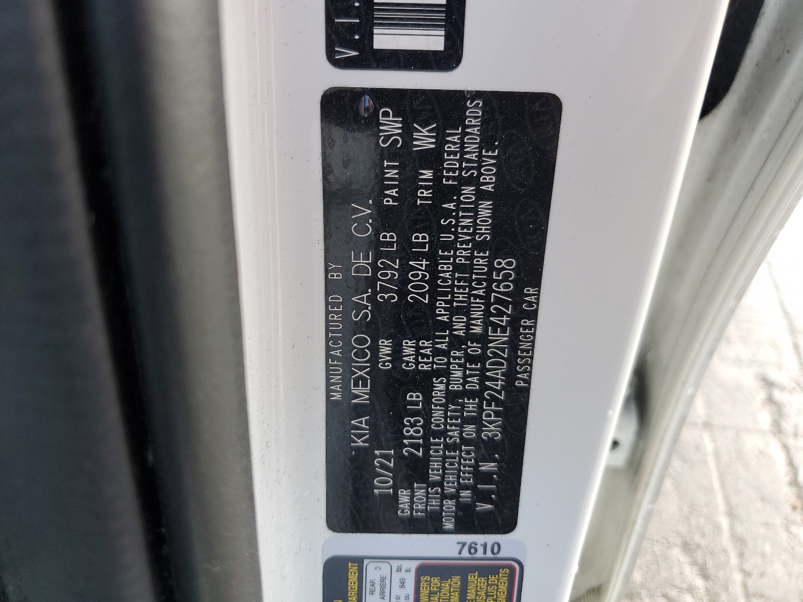 3KPF24AD2NE427658 2022 Kia Forte Fe