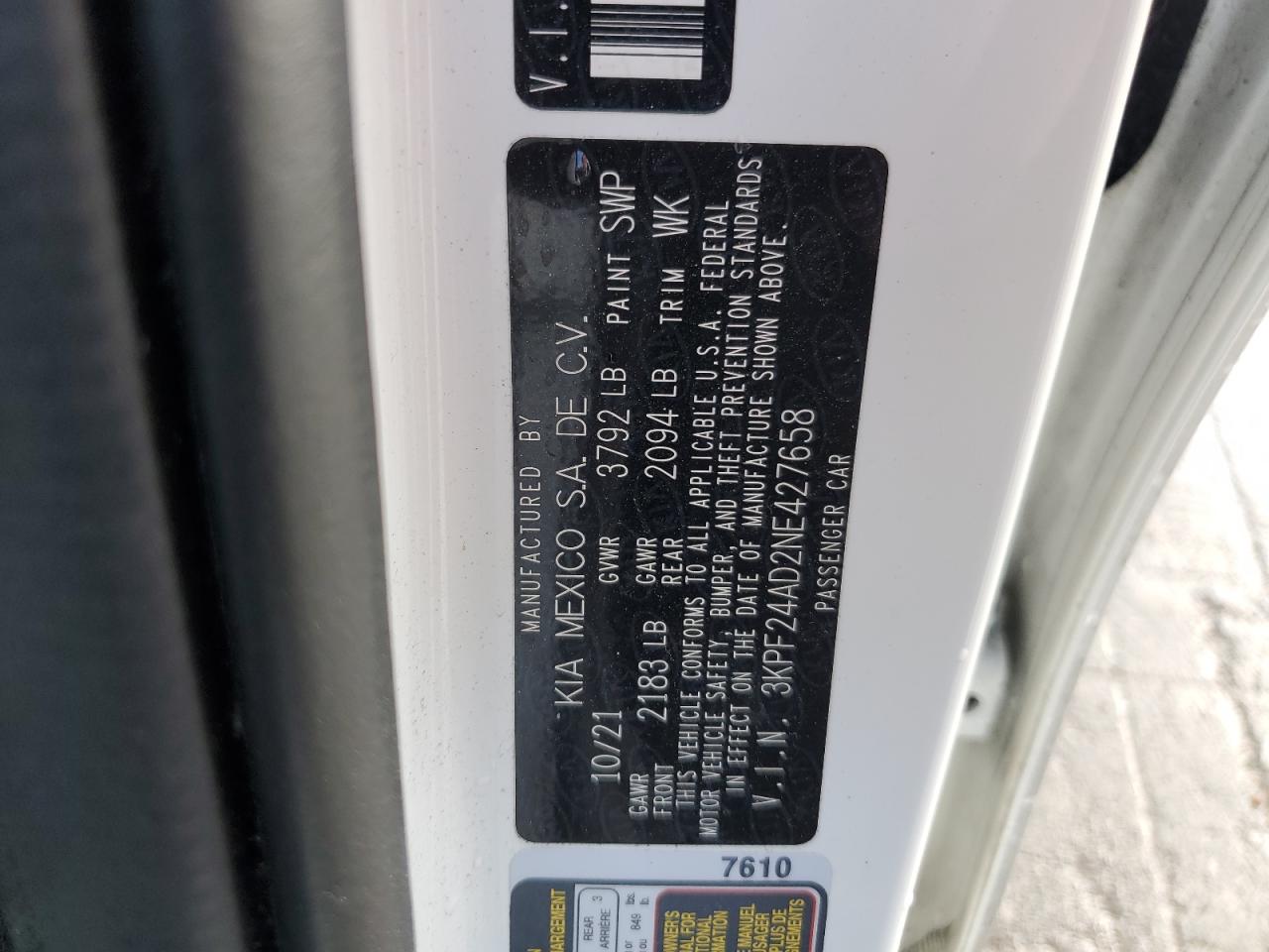 2022 Kia Forte Fe VIN: 3KPF24AD2NE427658 Lot: 47066644