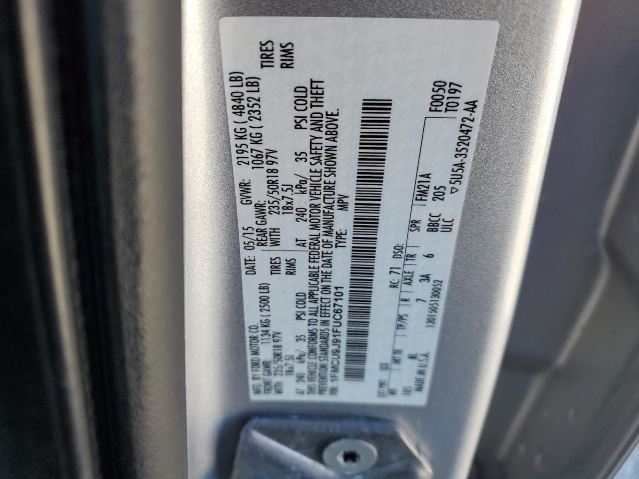 1FMCU9J91FUC67101 2015 Ford Escape Titanium