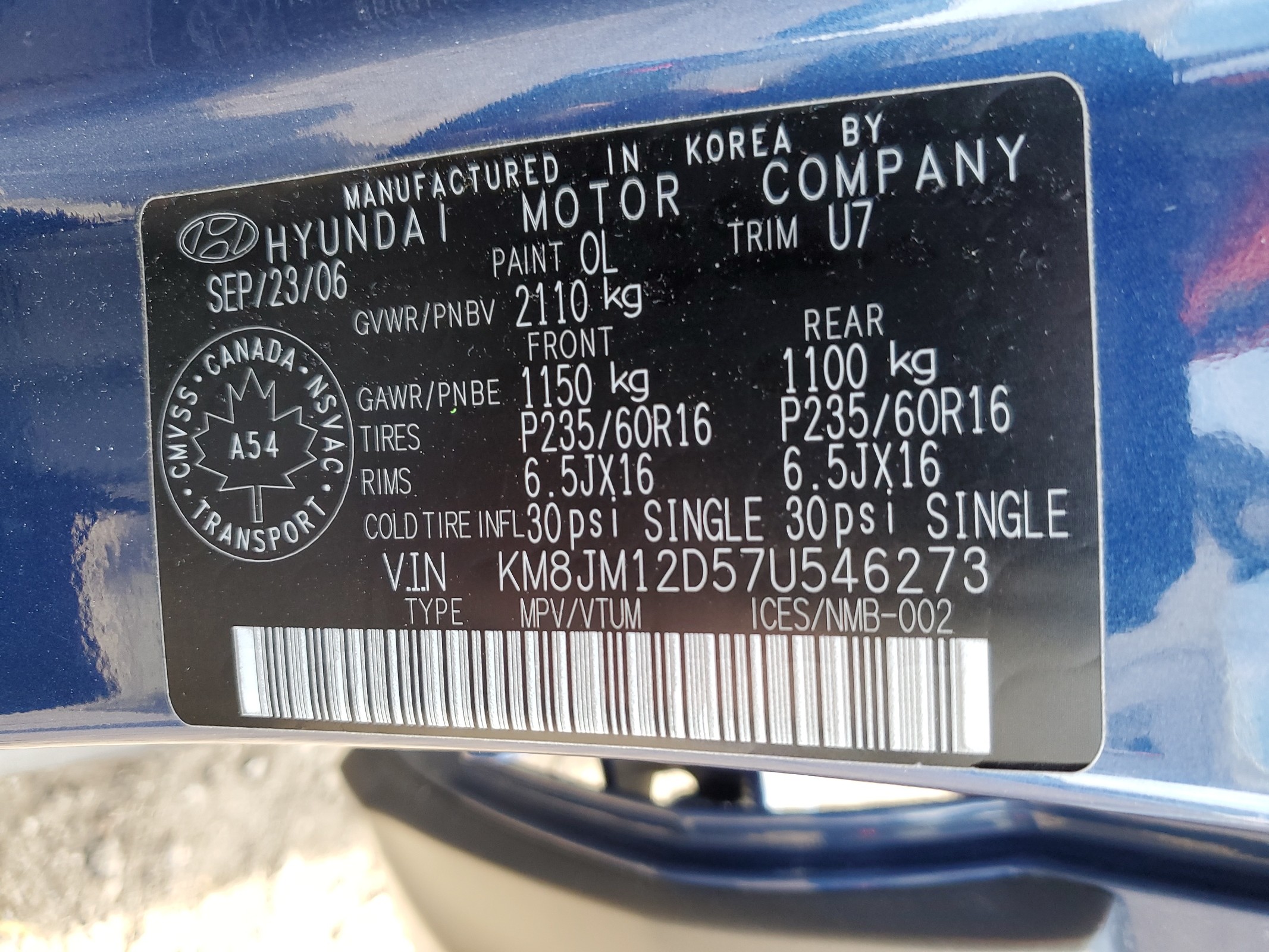 KM8JM12D57U546273 2007 Hyundai Tucson Gl