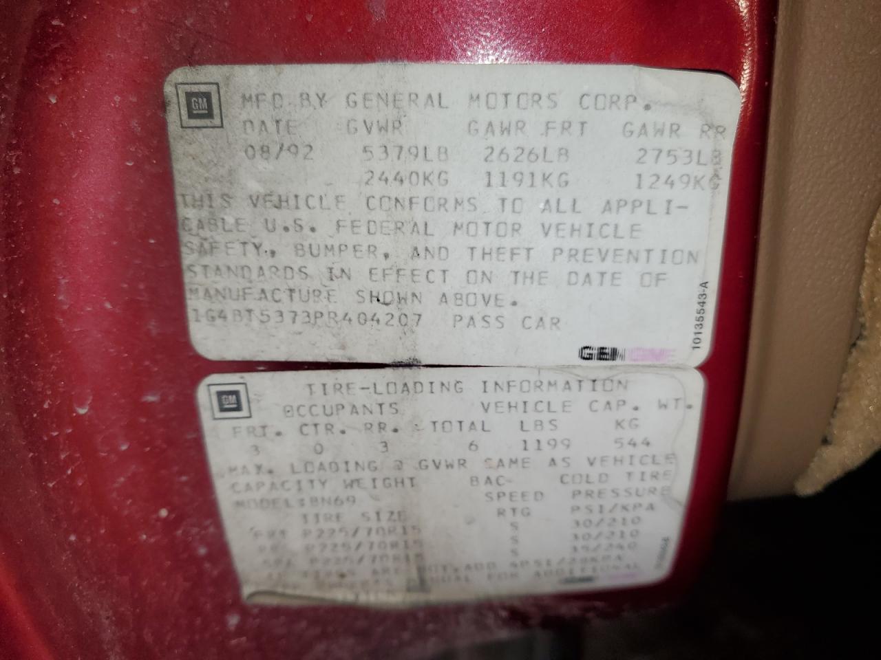 1993 Buick Roadmaster Limited VIN: 1G4BT5373PR404207 Lot: 47858344