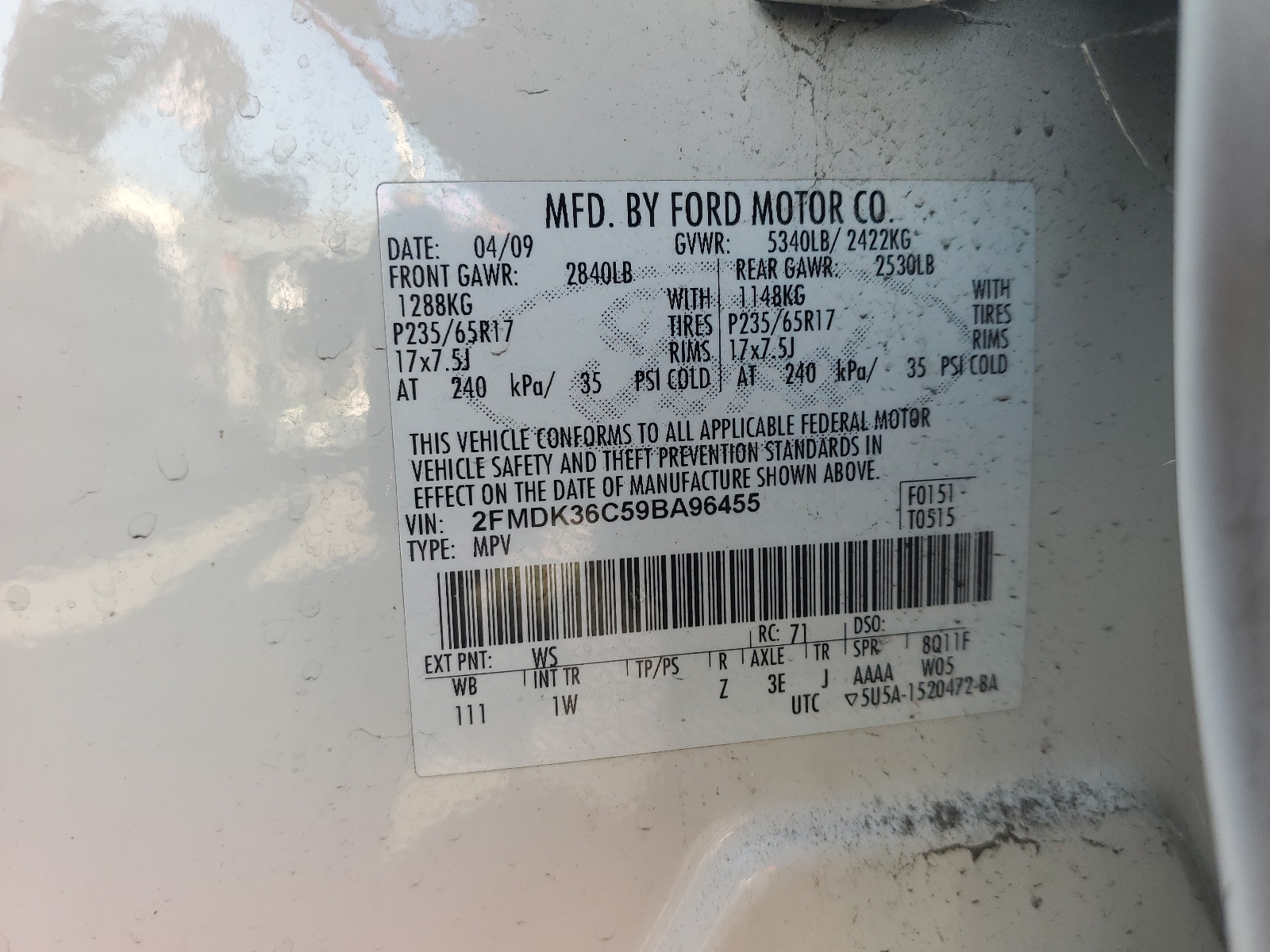 2FMDK36C59BA96455 2009 Ford Edge Se