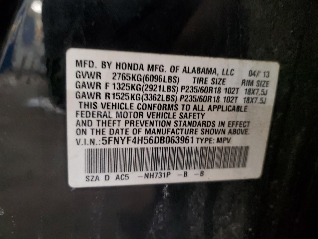 2013 Honda Pilot Exl VIN: 5FNYF4H56DB063961 Lot: 48670384