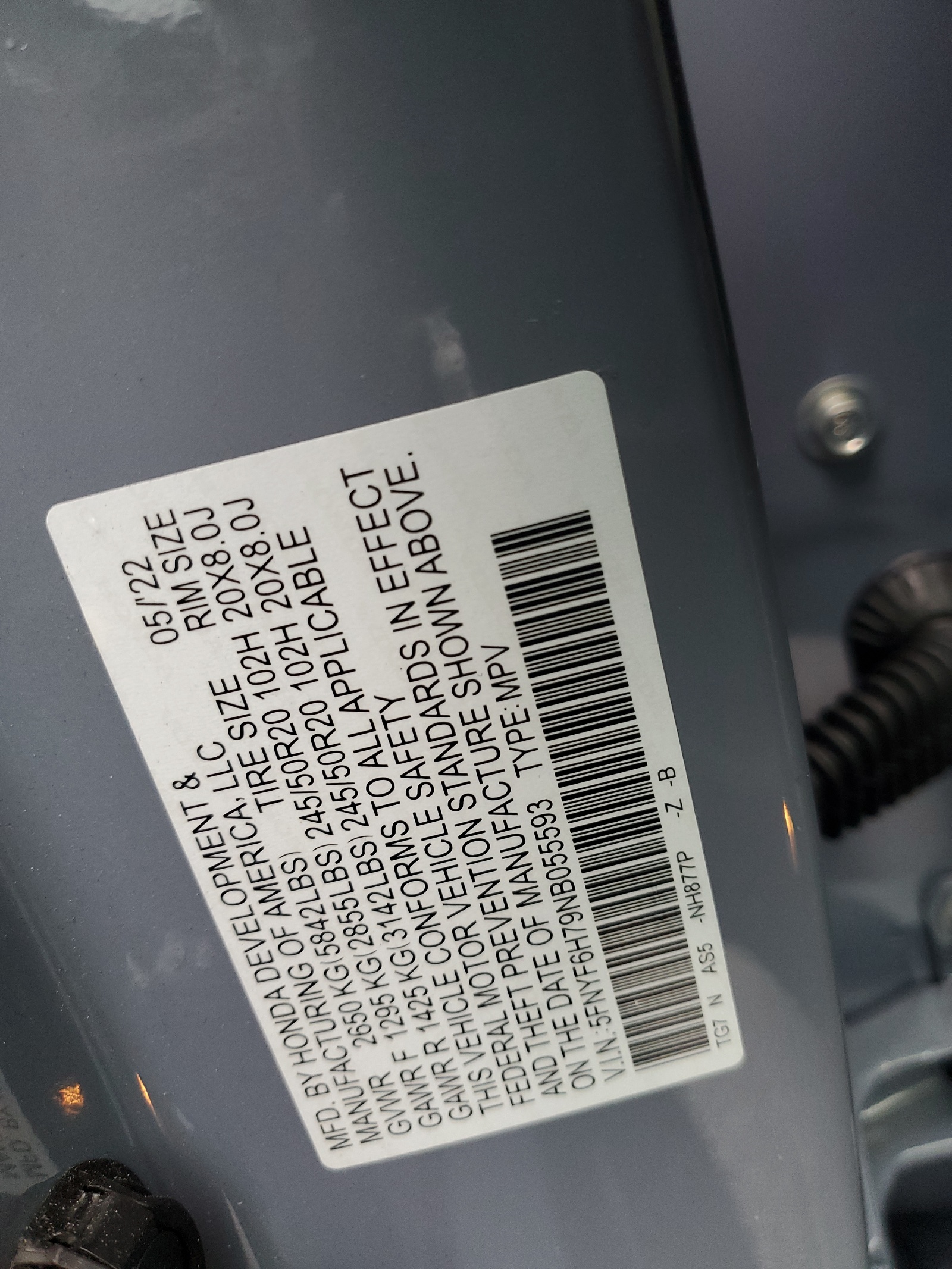 5FNYF6H79NB055593 2022 Honda Pilot Black