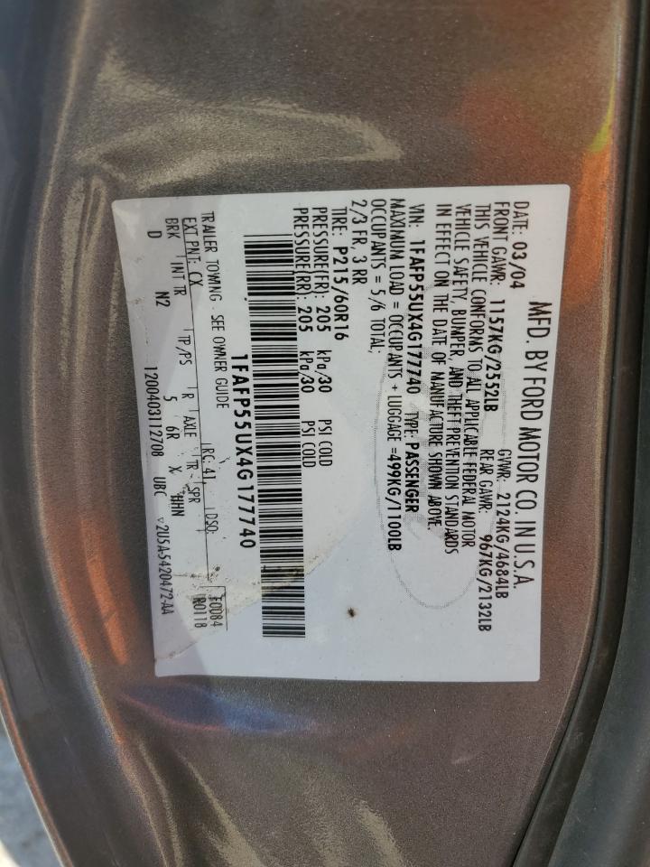 2004 Ford Taurus Ses VIN: 1FAFP55UX4G177740 Lot: 60031864