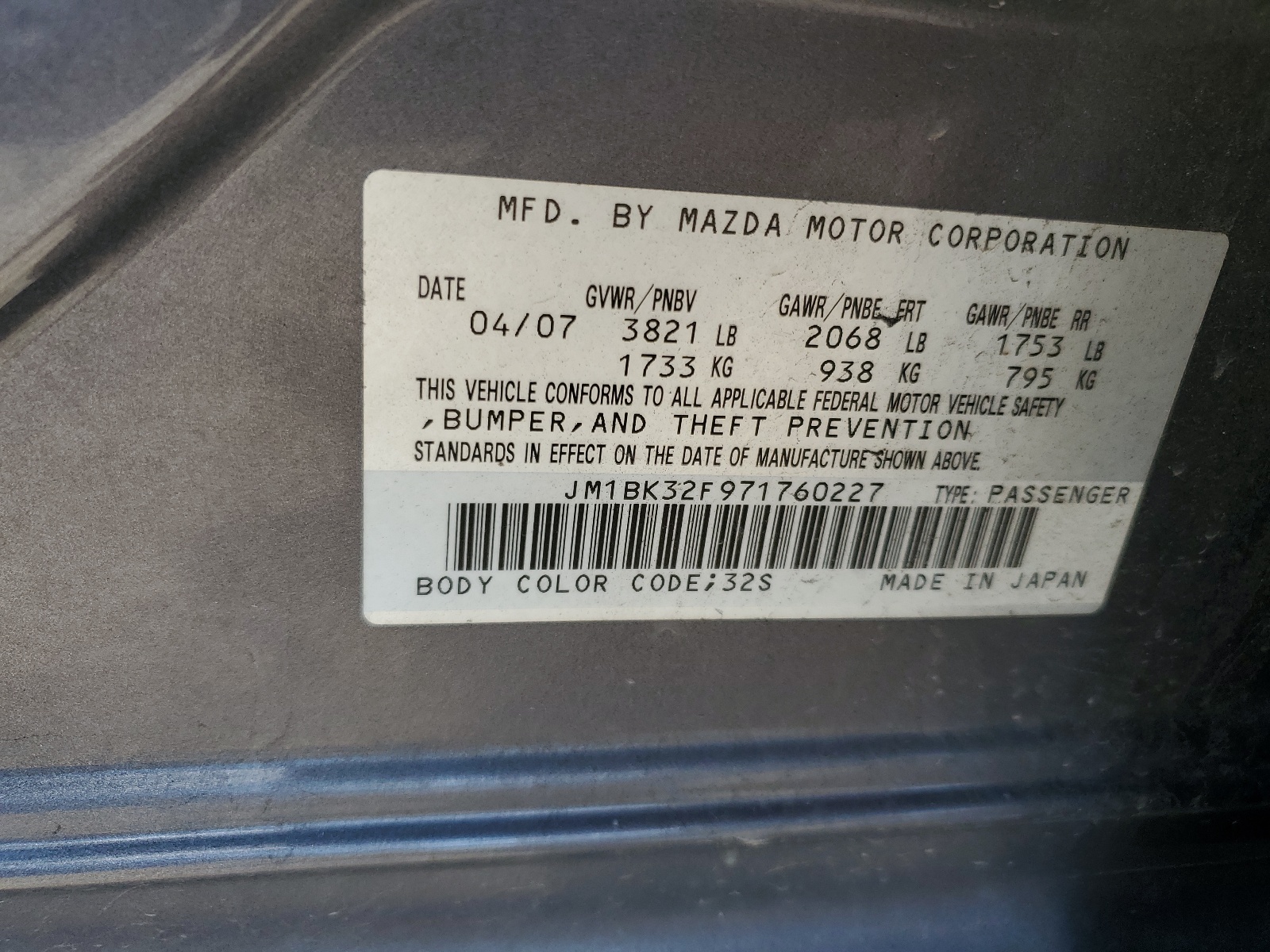 JM1BK32F971760227 2007 Mazda 3 I