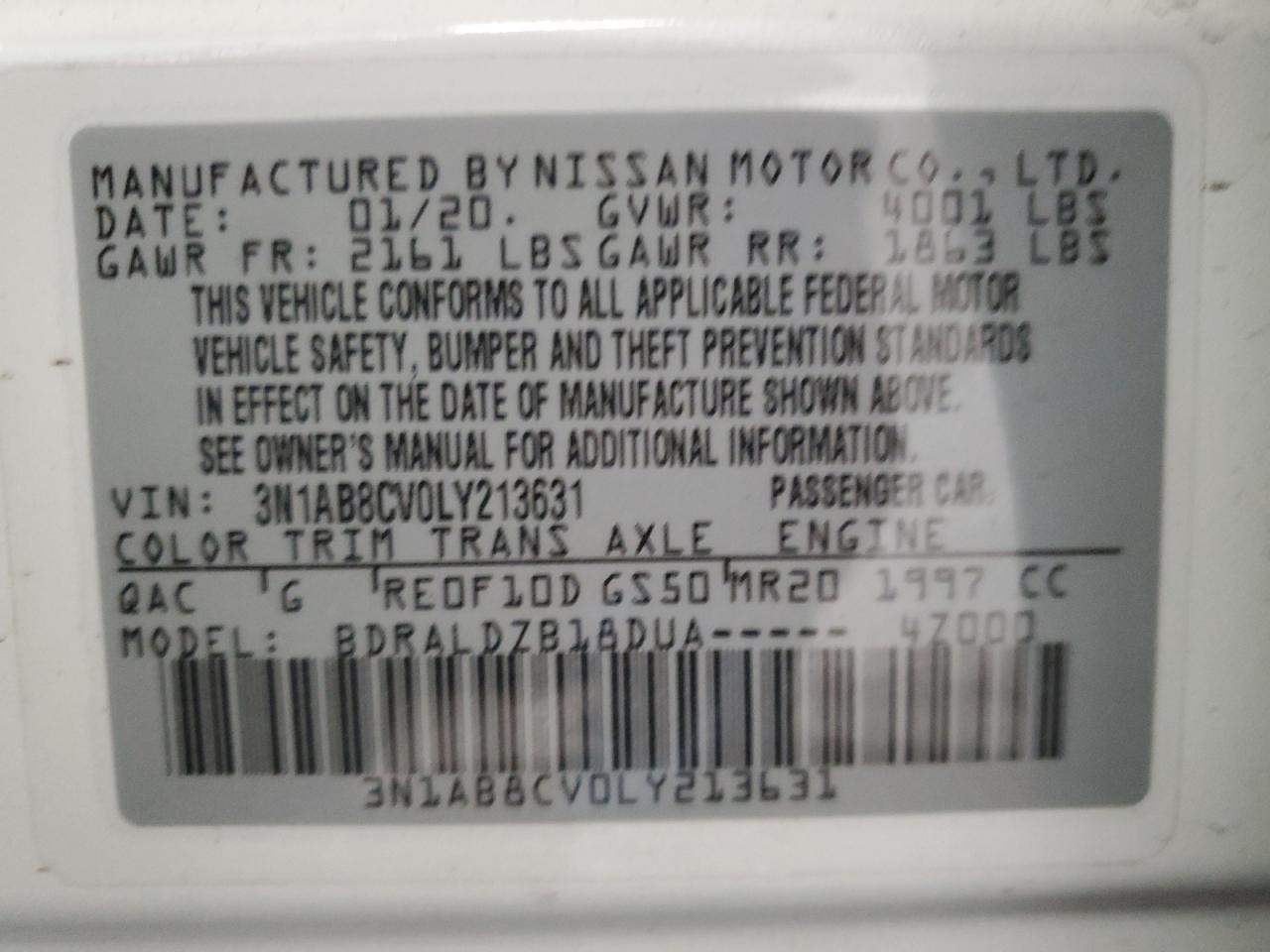 2020 Nissan Sentra Sv VIN: 3N1AB8CV0LY213631 Lot: 48113784