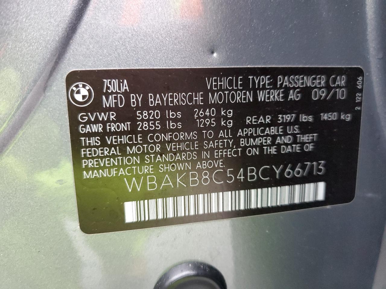 2011 BMW 750 Li VIN: WBAKB8C54BCY66713 Lot: 85658064