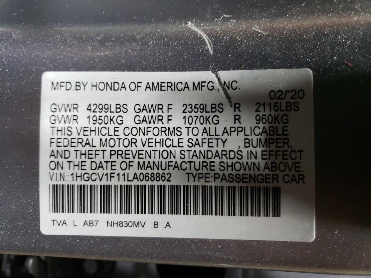 1HGCV1F11LA068862 2020 Honda Accord Lx