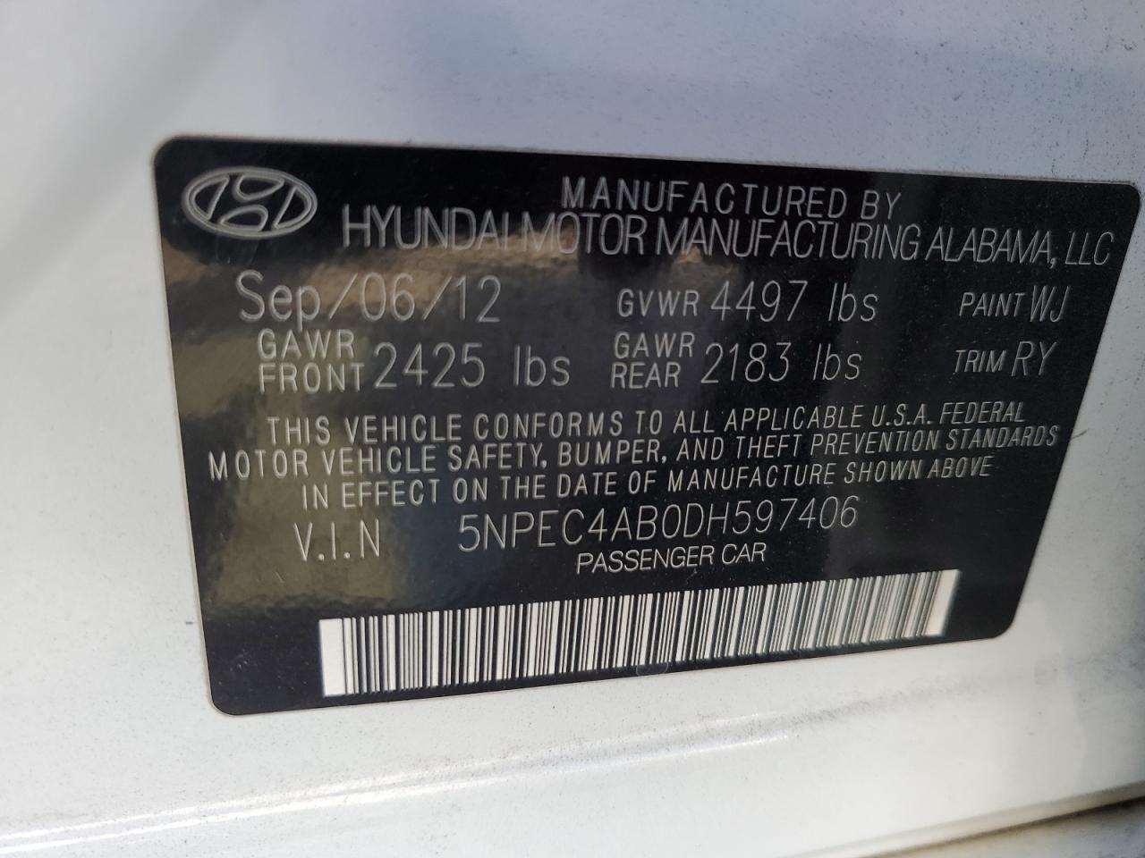 2013 Hyundai Sonata Se VIN: 5NPEC4AB0DH597406 Lot: 53618774