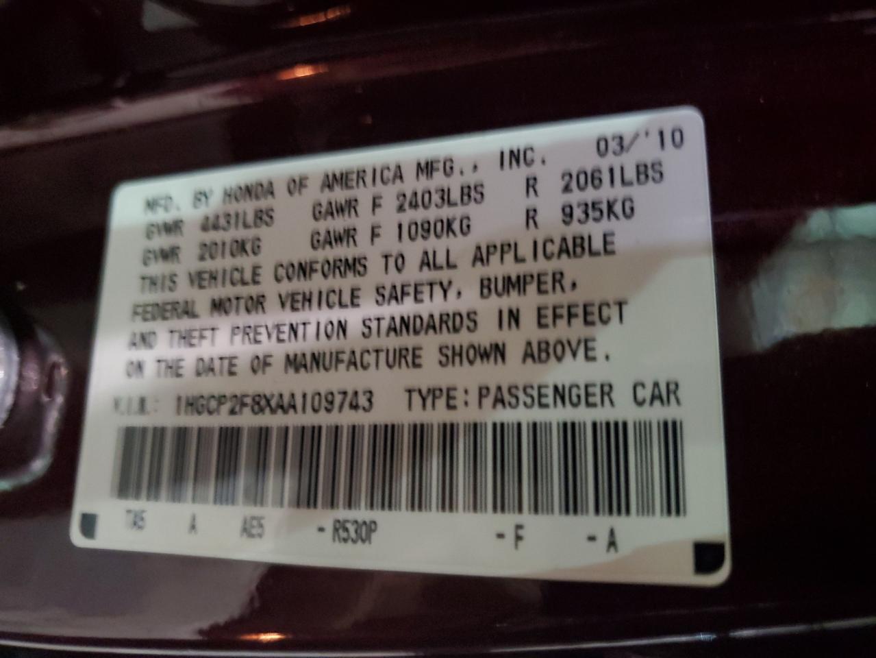 1HGCP2F8XAA109743 2010 Honda Accord Exl