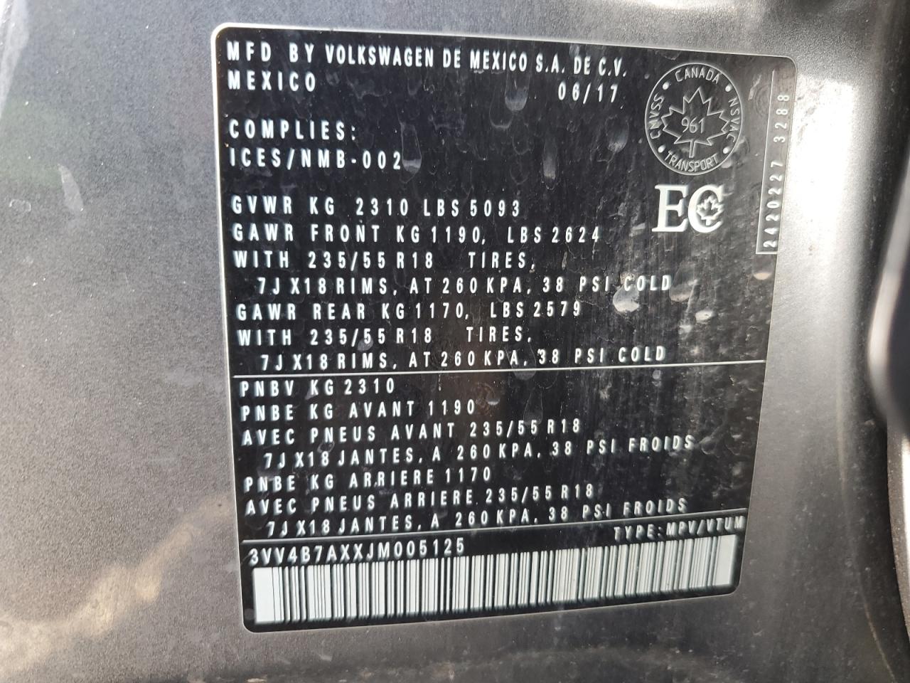 2018 Volkswagen Tiguan Sel Premium VIN: 3VV4B7AXXJM005125 Lot: 46919104