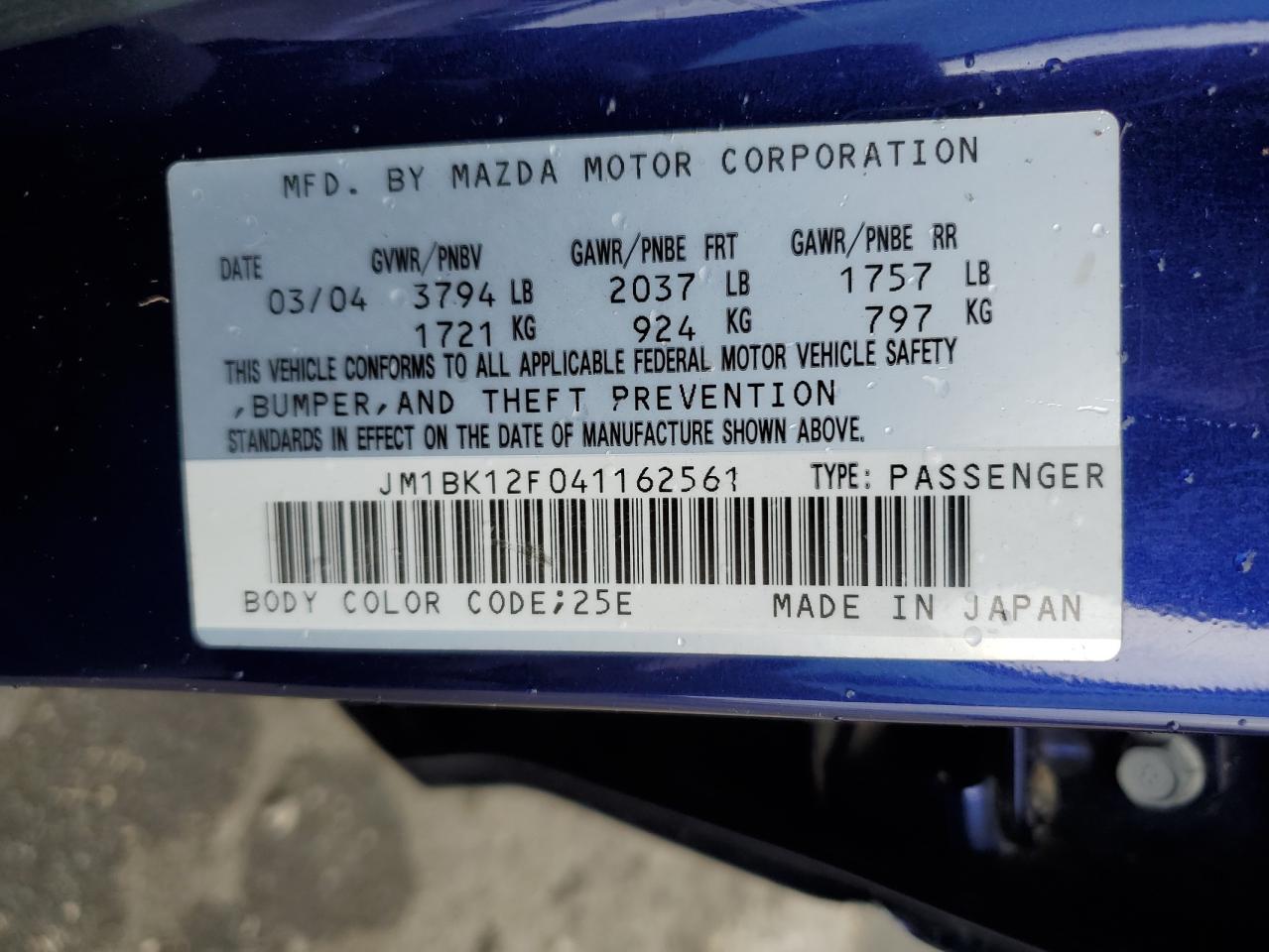 2004 Mazda 3 I VIN: JM1BK12F041162561 Lot: 48843124