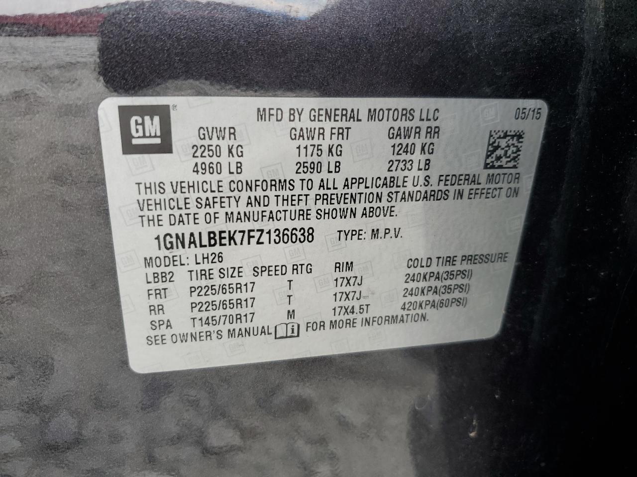 2015 Chevrolet Equinox Lt VIN: 1GNALBEK7FZ136638 Lot: 47958224