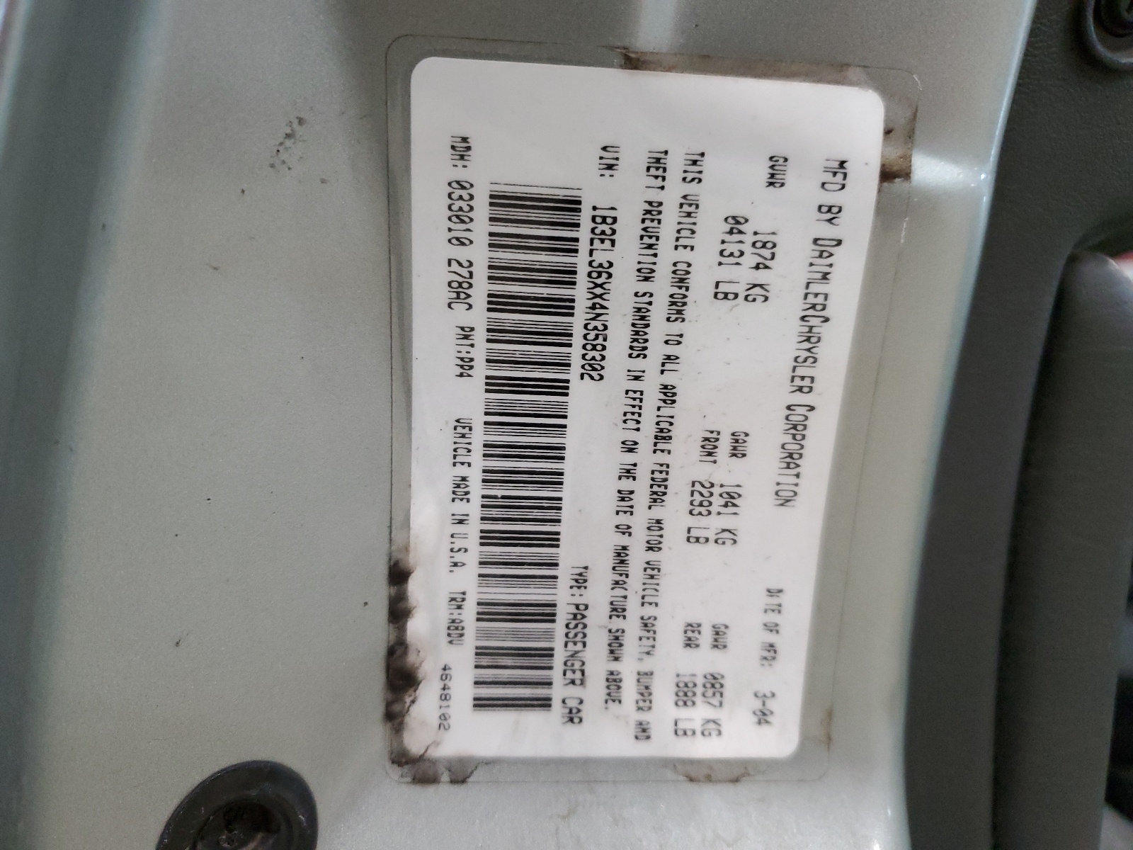 1B3EL36XX4N358302 2004 Dodge Stratus Se