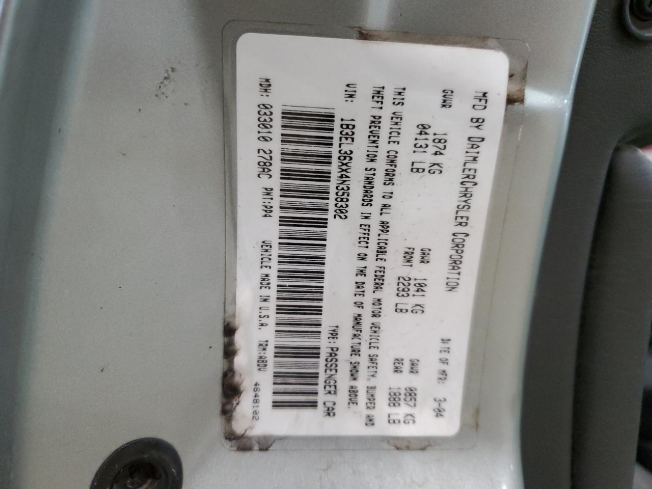 2004 Dodge Stratus Se VIN: 1B3EL36XX4N358302 Lot: 46093404