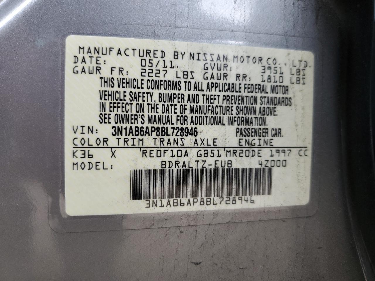 2011 Nissan Sentra 2.0 VIN: 3N1AB6AP8BL728946 Lot: 48754344