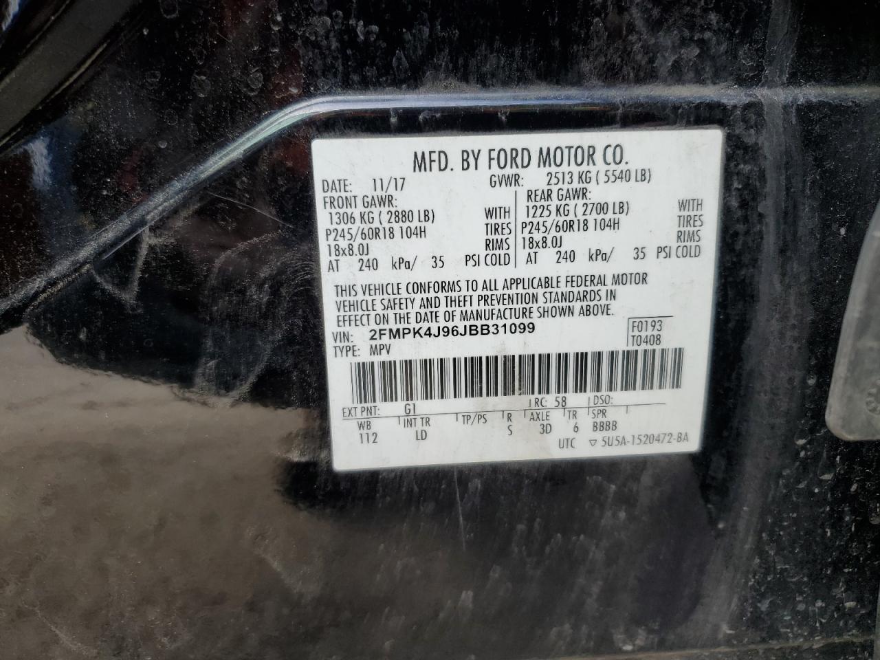 2018 Ford Edge Sel VIN: 2FMPK4J96JBB31099 Lot: 48283834