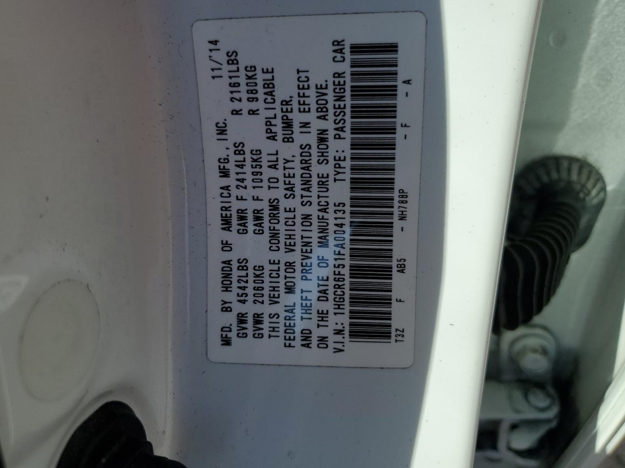 VIN 1HGCR6F51FA004135 2015 HONDA ACCORD no.12