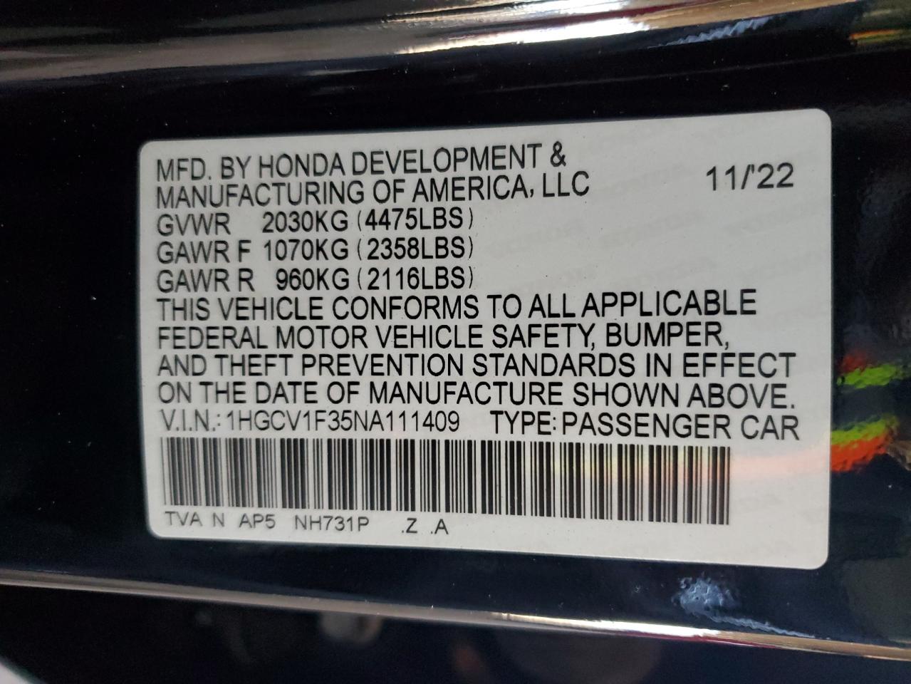 2022 Honda Accord Sport VIN: 1HGCV1F35NA111409 Lot: 46818994