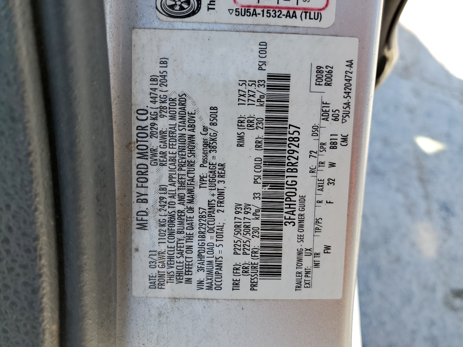 3FAHP0JG1BR292857 2011 Ford Fusion Sel