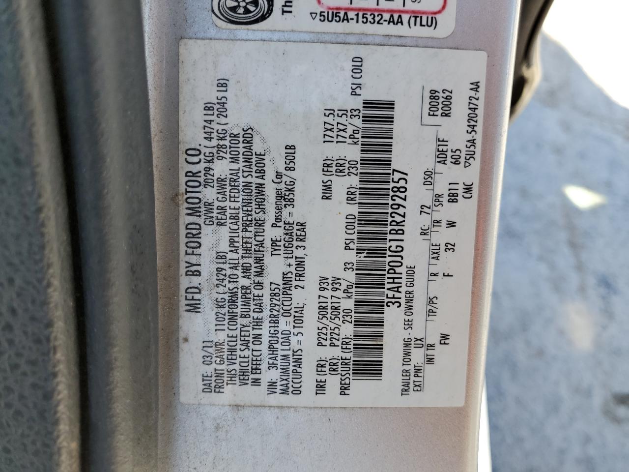 2011 Ford Fusion Sel VIN: 3FAHP0JG1BR292857 Lot: 48798534