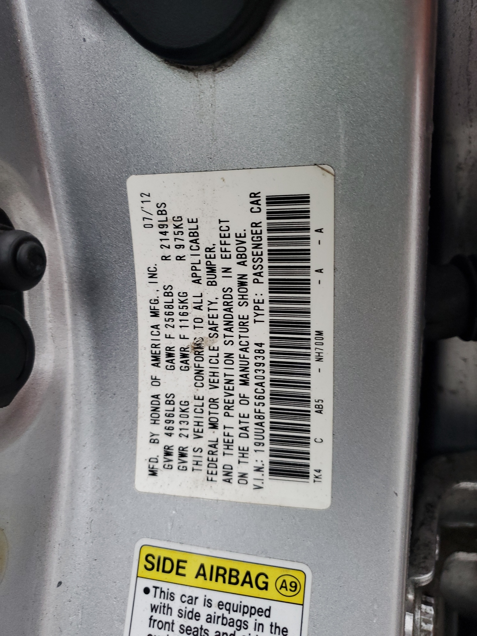 19UUA8F56CA039384 2012 Acura Tl