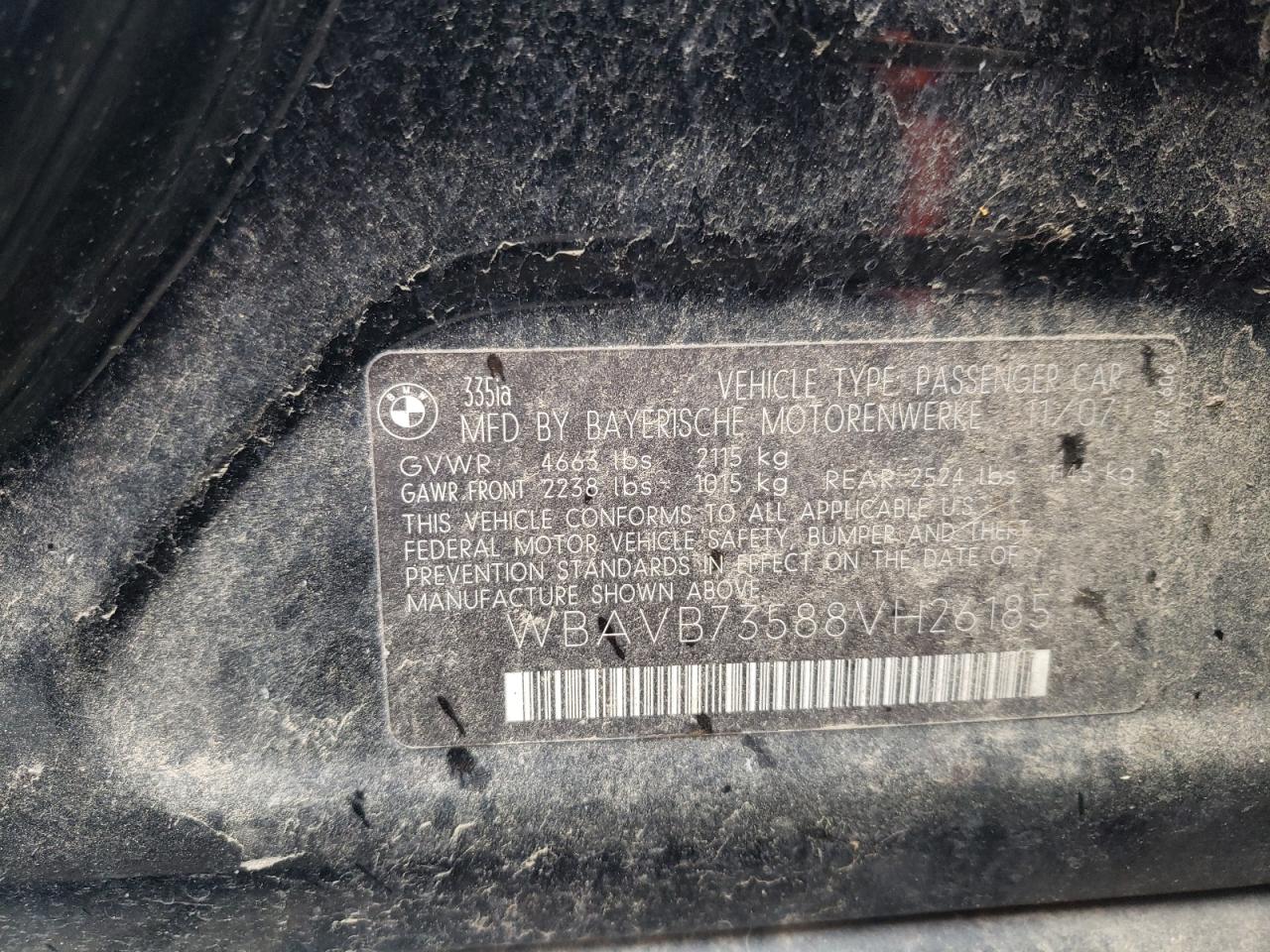 2008 BMW 335 I VIN: WBAVB73588VH26185 Lot: 49071324
